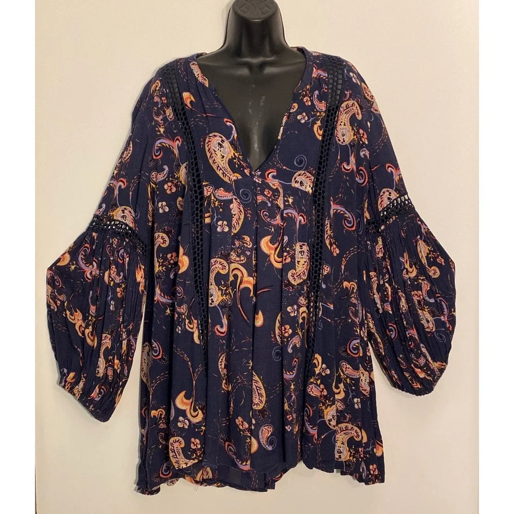 Free People Navy Floral Paisley Tunic Top Crochet Lace Balloon Sleeve Size M